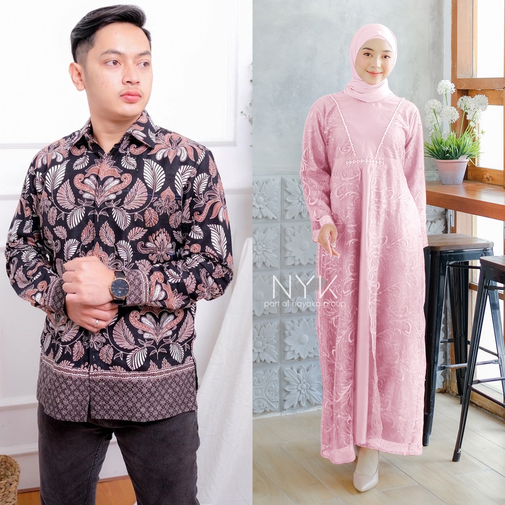 Couple Gamis Batik Lisa Maroon Terbaru - Maxi Dress Pesta Modern Lengan Panjang Premium - Gamis Muslim Couple Batik Kekinian Ada Keluarga