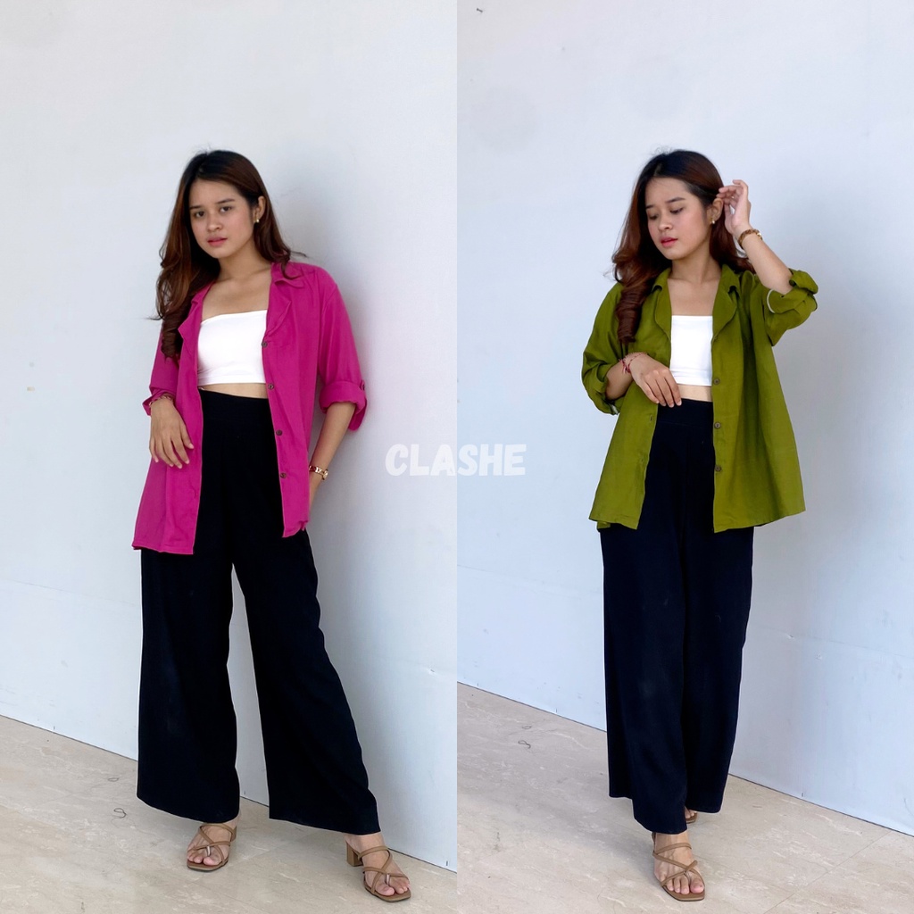 Kemeja Wanita Oversize Lengan Panjang Polos Casual Korea Kekinian Terbaru Rayon Molly Shirt by Clashe