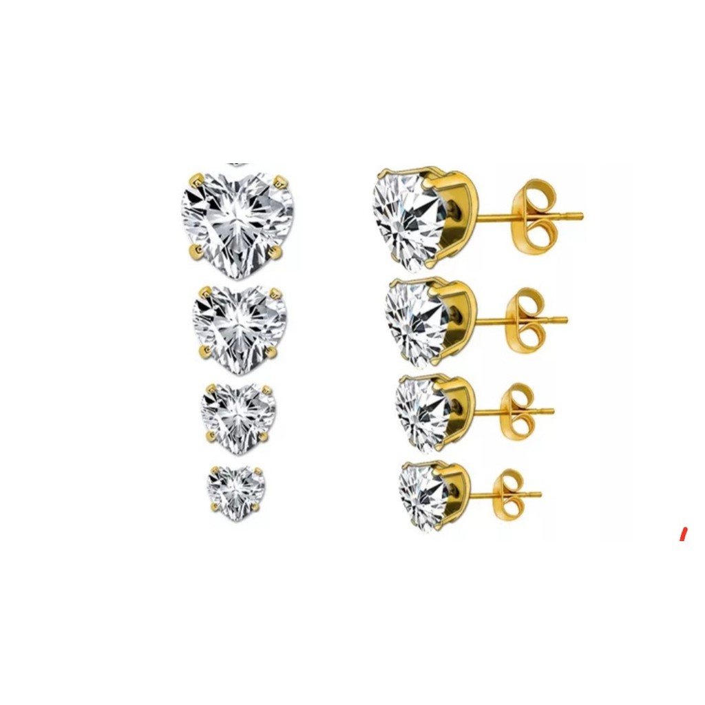 Anting Tusuk Stenless Bentuk Love Zirkon Artifisial Bentuk Hati Warna Stell Gold dan Silver 0,4cm, 0,5cm, 0,6cm, dan 0,8cm