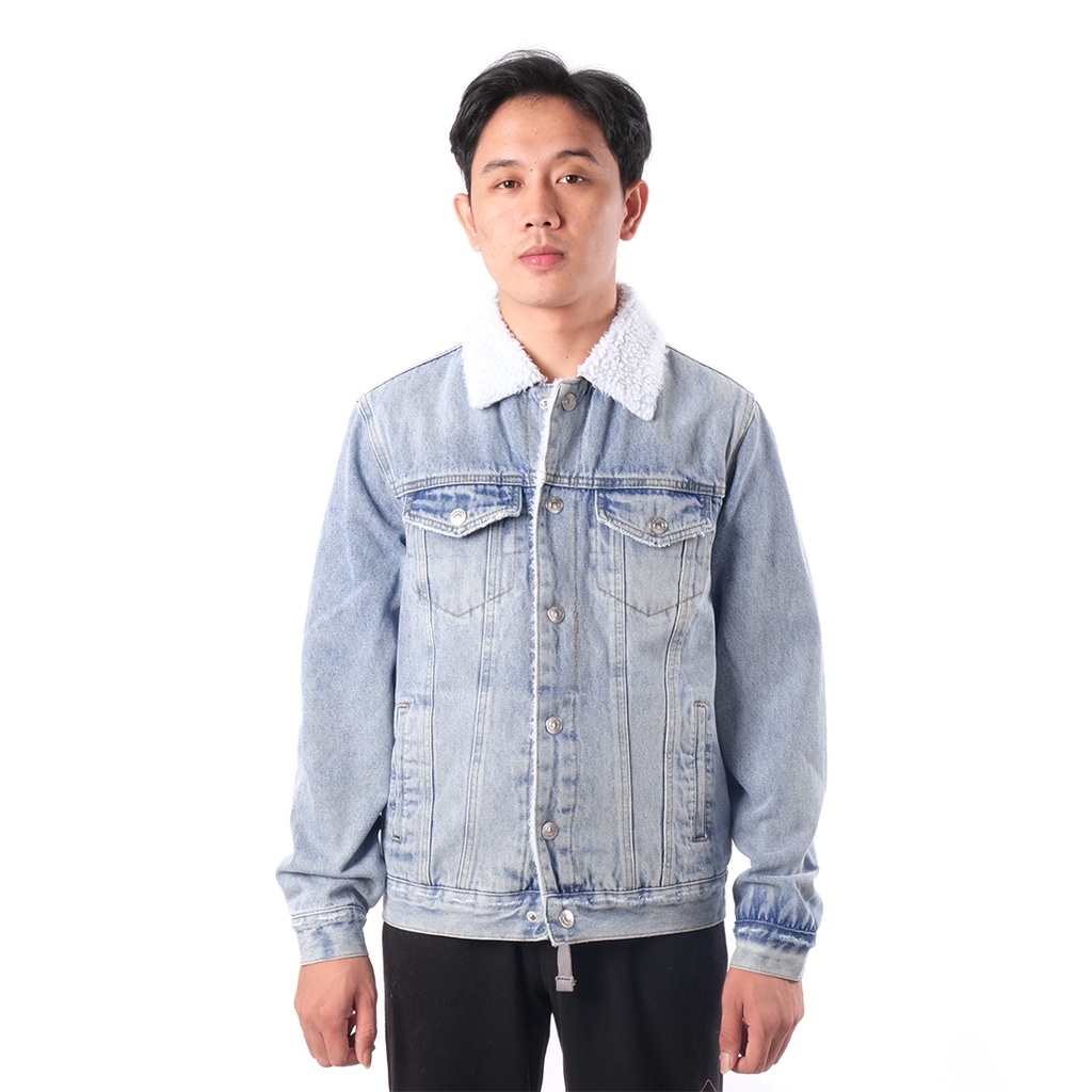 AllSaints Ilkley Sherpa-Lined Denim Jacket Washed Light Blue