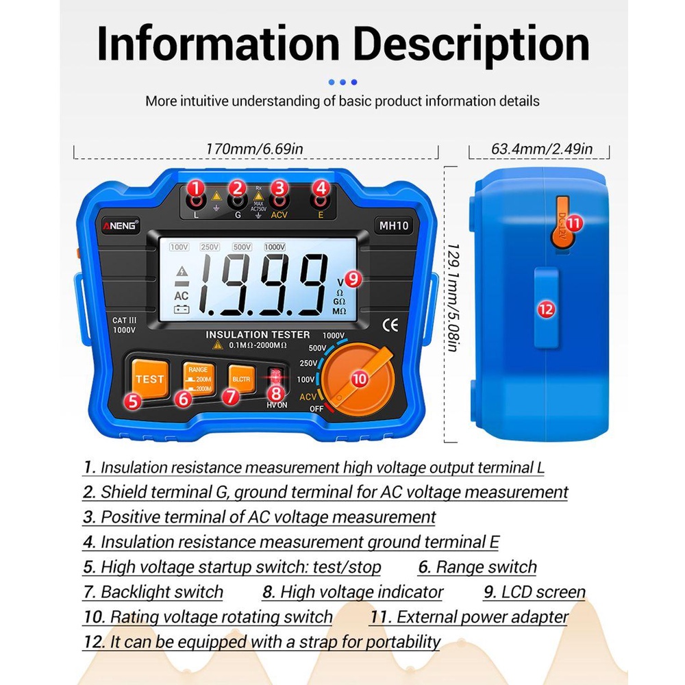 Solighter Digital Megohmmeter Meter Presisi Tinggi Earth Resistance Meter Tester Alat Tester Kabel Voltmeter