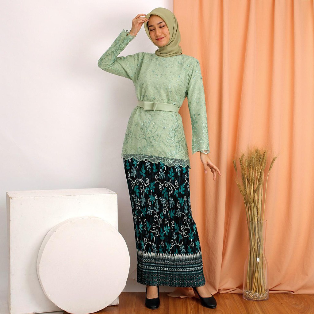 Kebaya Manohara Tulle Tille Bordir Brukat Mewah Brokat Muslim Wisuda Tunik Kondangan Nikahan !!-IJO MINT ROK PLISKET