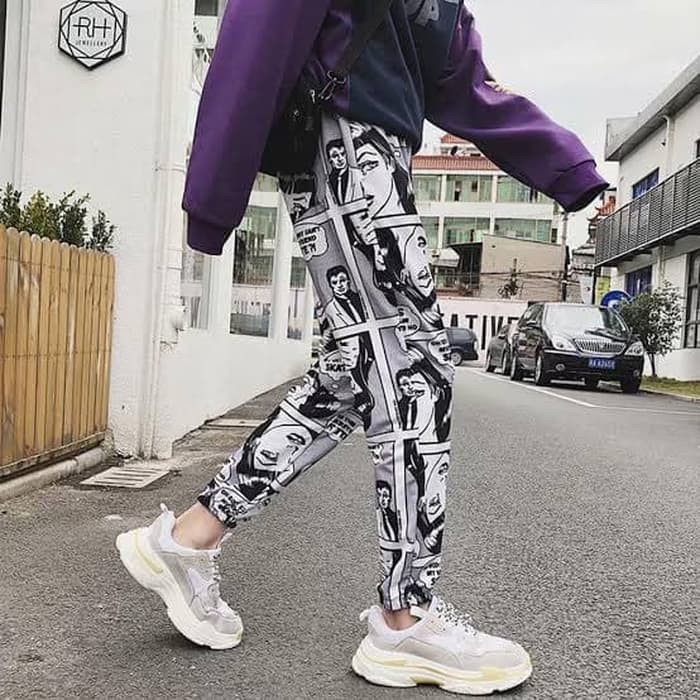 TBI Import Gaya Hip Hop Celana Panjang Pinggang Karet Motif Print