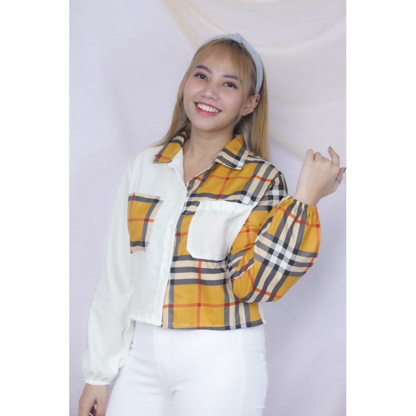 RX Fashion - Mika Crop Top Blouse // Shirt Top Tartan Two Tone // Kemeja Olive ( SPECIAL SALE - GRATIS ONGKIR )  - GA-7