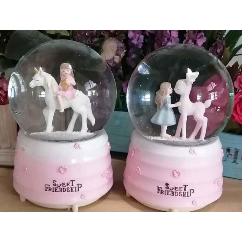 Snowball musik unicorn / bola kristal salju otomatis putar / snow globe kotak musik  dan lampu warna