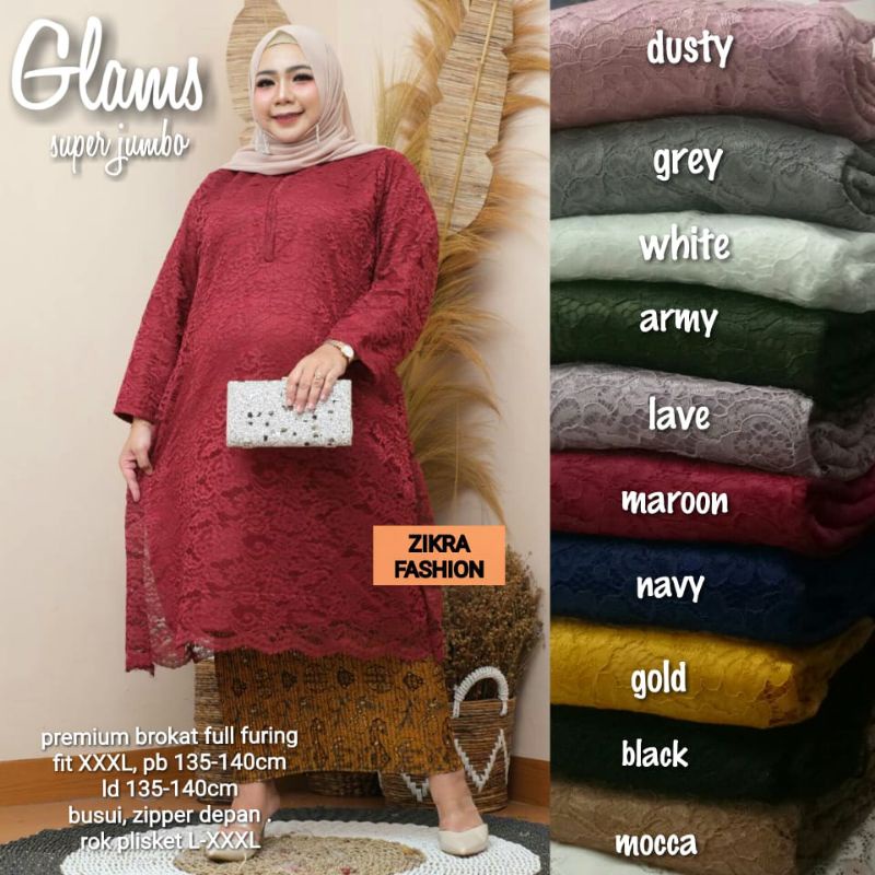 RZ - Ready Super JUMBO 4XL. SETELAN KEBAYA Brokat Rits Depan dan Rok Plisket Glams. Kebaya Ijab Nika
