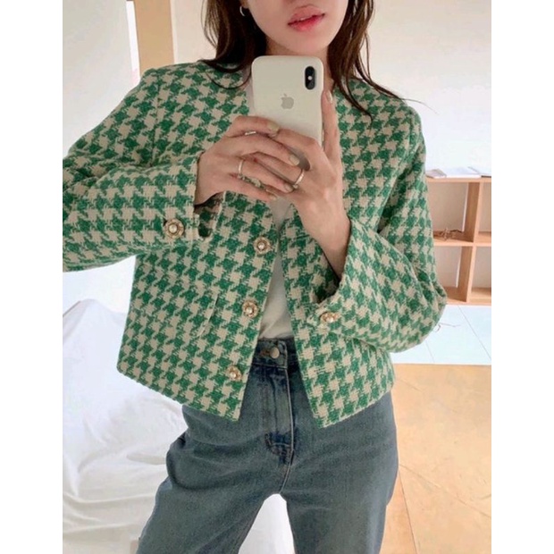 green tweed chnl houndstooth blazer