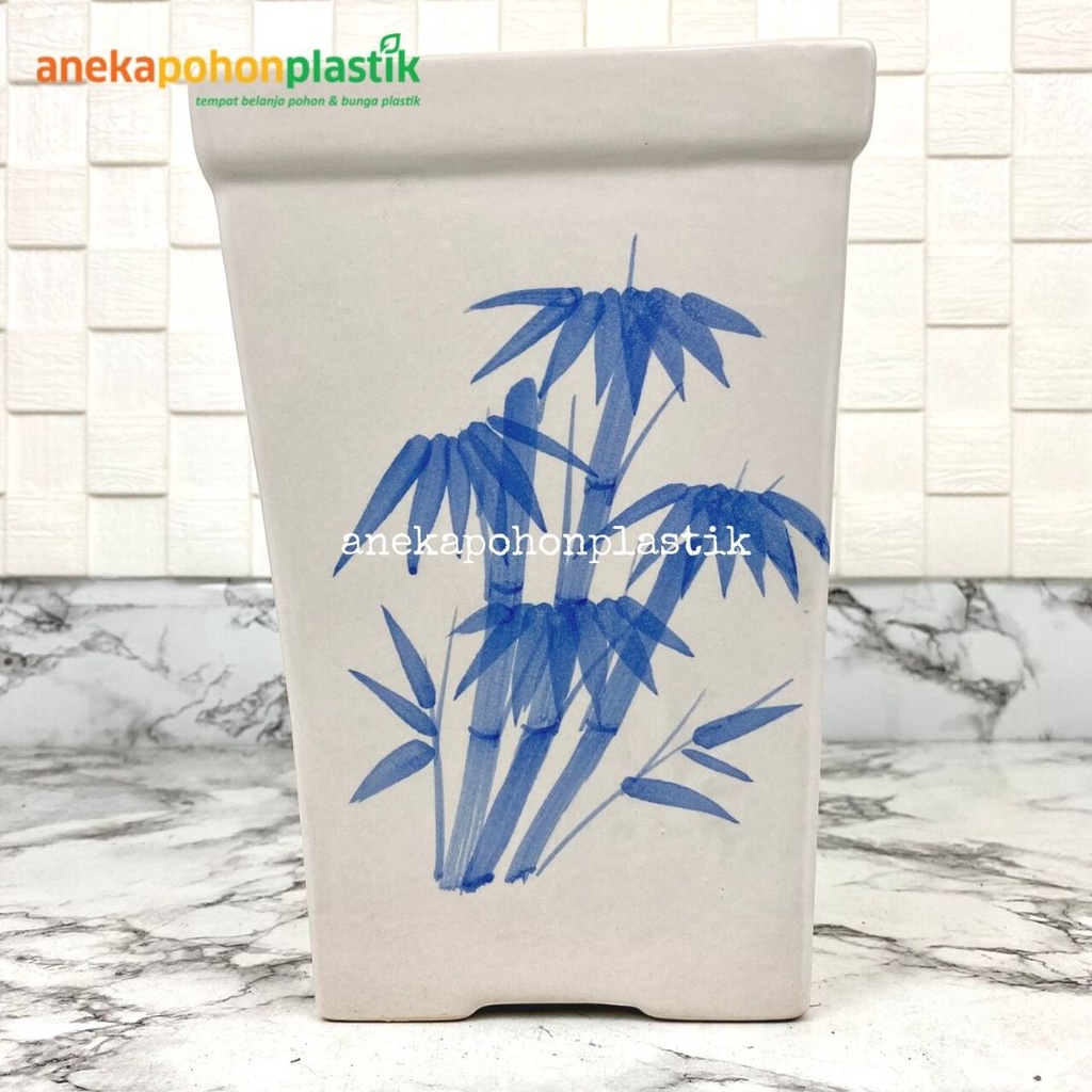 Vas Keramik Kotak Pot Putih Motif Daun Bambu Pajangan Hiasan Dekorasi Tanaman