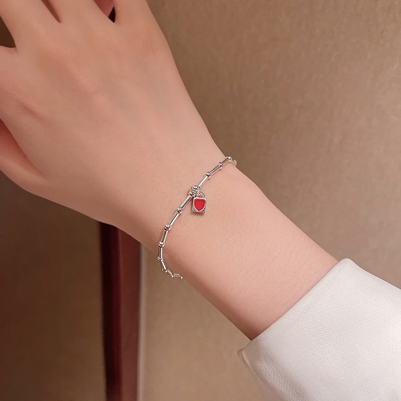 Gelang Bangle Desain Bambu Hati Merah Bahan Silver Gaya Korea Untuk Wanita