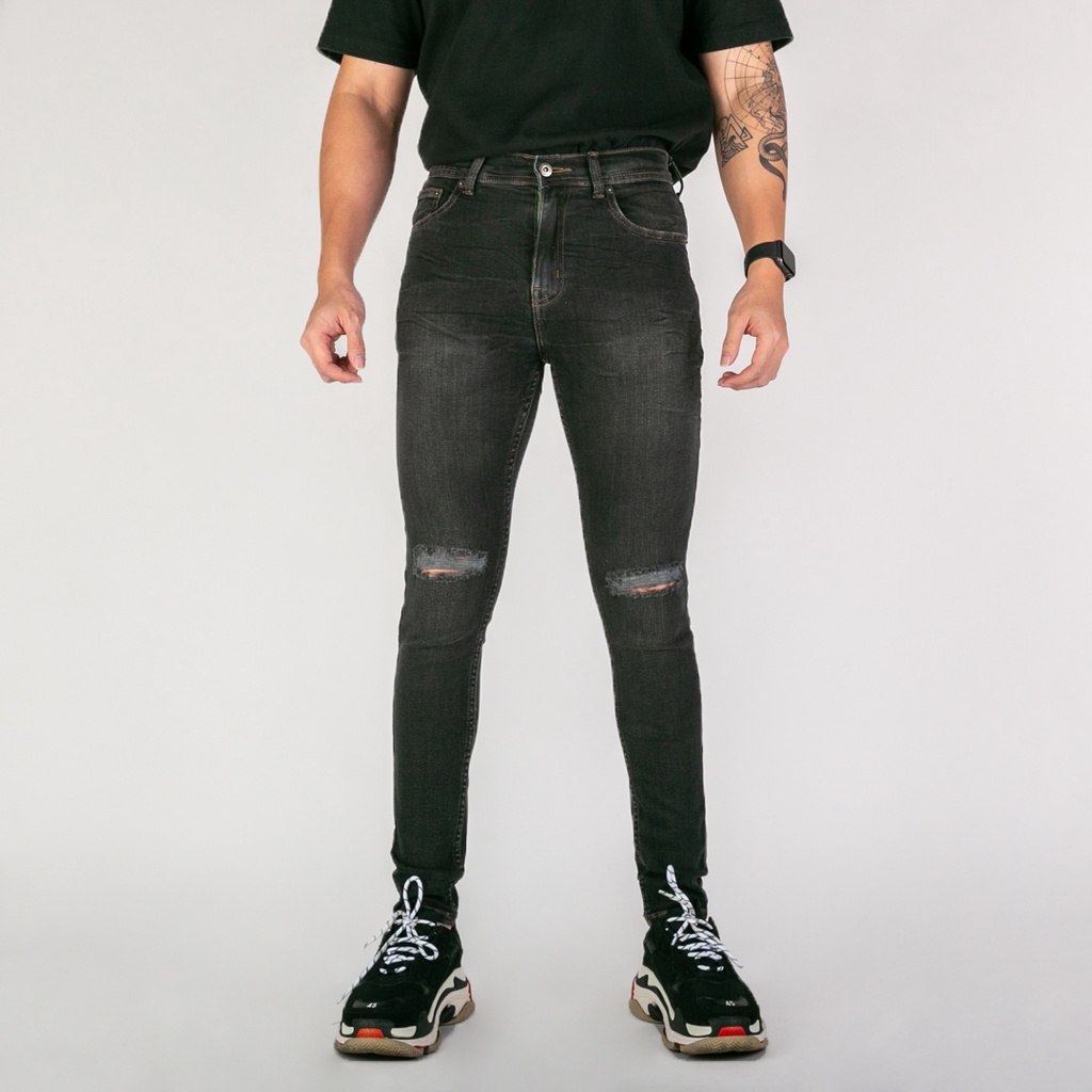 Celana Ripped Jeans Pria / Celana Jeans Sobek Bahan Stretch Denim - (UJ-30 RJ) - Exodius Black