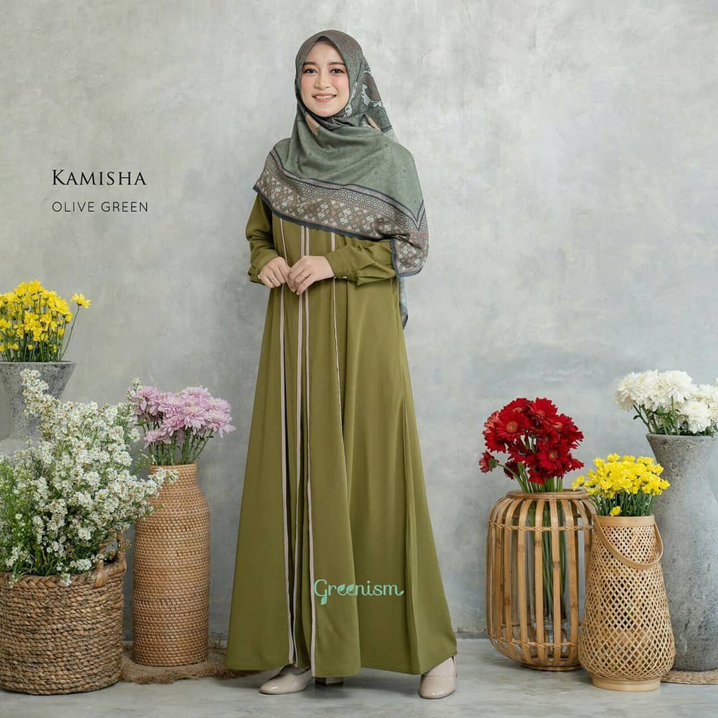 KAMISHA DRESS OLIVE S || Gamis Simple Syari Original by Greenism