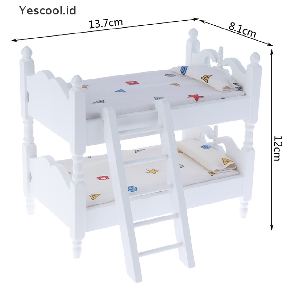 【Yescool】 1:12 Dollhouse Kids Mini Bunk Bed Toy Bedroom Model for Children Doll Accessery .