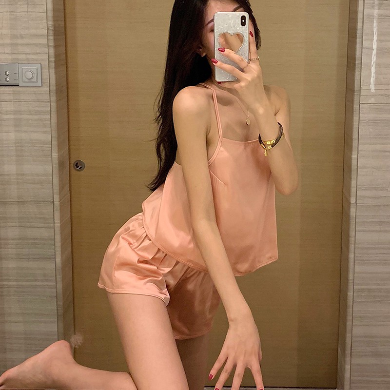suhao Fashion Wanita Baru Seksi Punggung Terbuka Piyama Diikat Spaghetti Tali+Longgar Lebar Kaki Pen