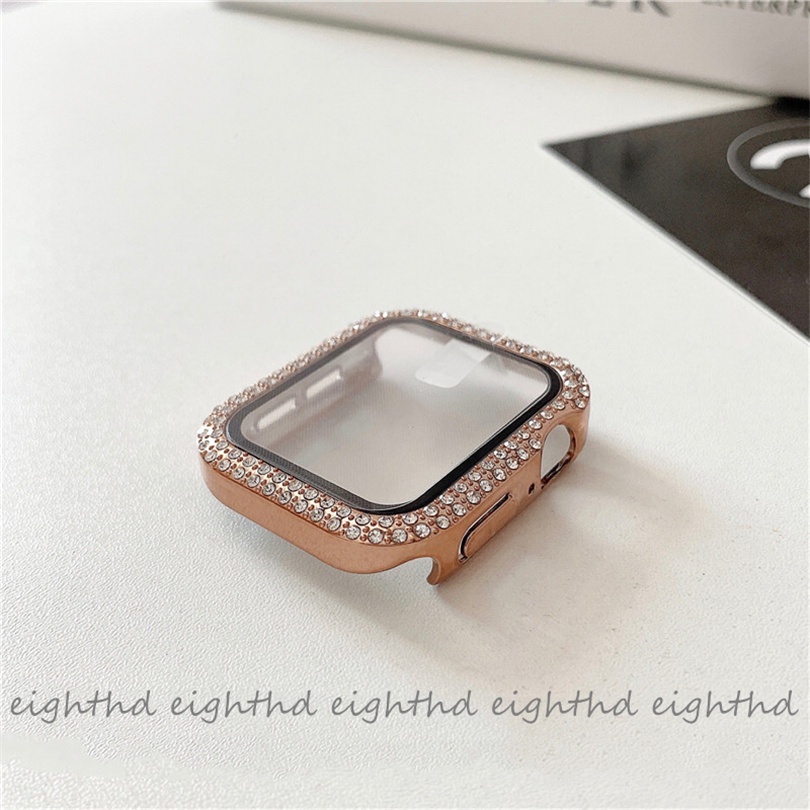 Diamond Tempered Glass Case Untuk Smart Watch Series7 6 SE 5 4 3 2 1 Size 41mm 45mm 44mm 42mm 40mm 38mm Cover