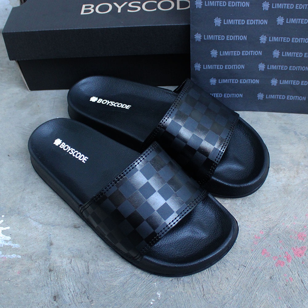 Sandal Slip On Pria Distro Terbaru Boyscode Catur Checkerboard Hitam / Sandal Slop / Sandal Slide Pria