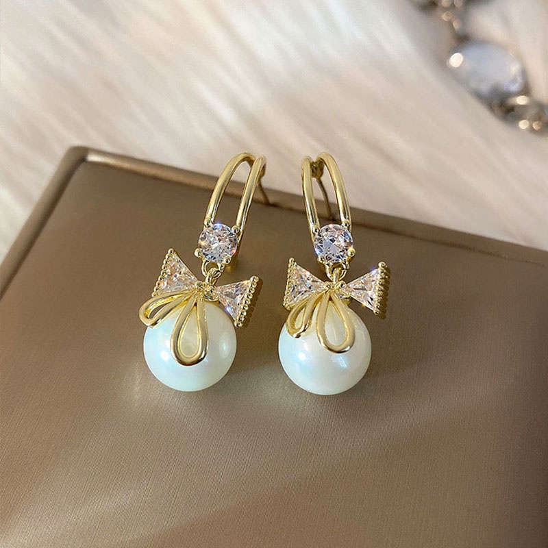 Anting Tusuk Sterling Silver 925 Desain Pita Hias Mutiara + Berlian Untuk Wanita ACKER