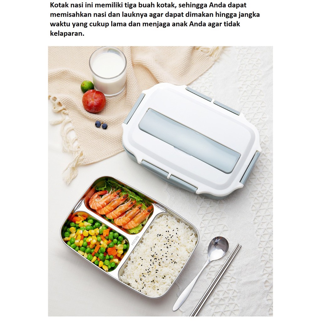 LUNCH BOX Kotak Makan Bento Lunch Box 3 Grid Spoon &amp; Chopstick - OU1000 - STAINLESS