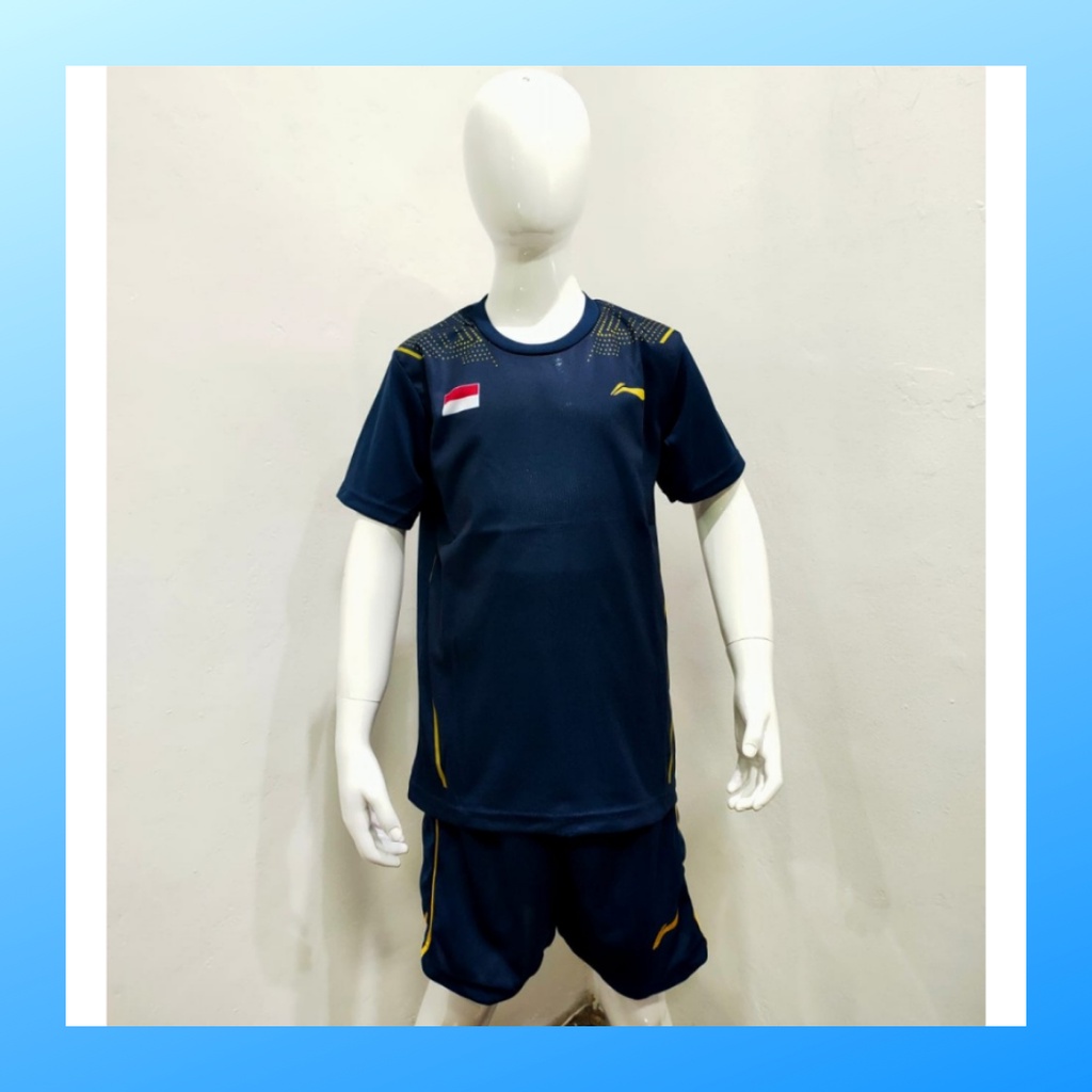 Kaos badminton anak laki-laki jersey bulutangkis baju celana setelan jersy perempuan stelan t-shirt outfit seragam kostum olahraga casual suit pakaian jarsey oblong apparel sports jersi sudirman cup bulu tangkis L155 navy polos