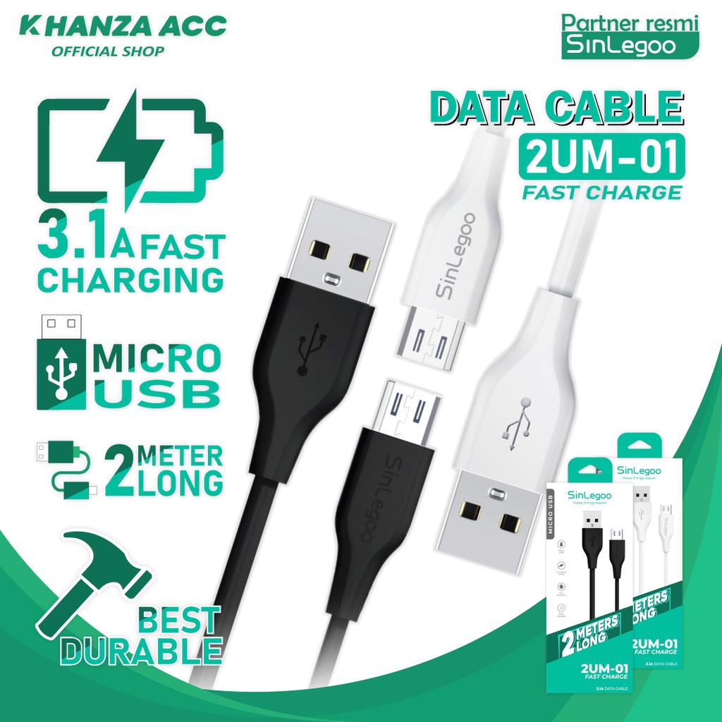 KHANZAACC SINLEGOO 2UM-01 Kabel Data Charger Panjang 2m Android Micro USB Fast Charging 3.1A