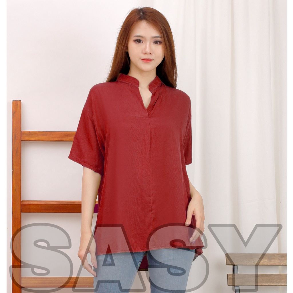 Olive top blouse atasan wanita / blouse kerah sanghai / blouse polos atasan wanita rayon twill COD