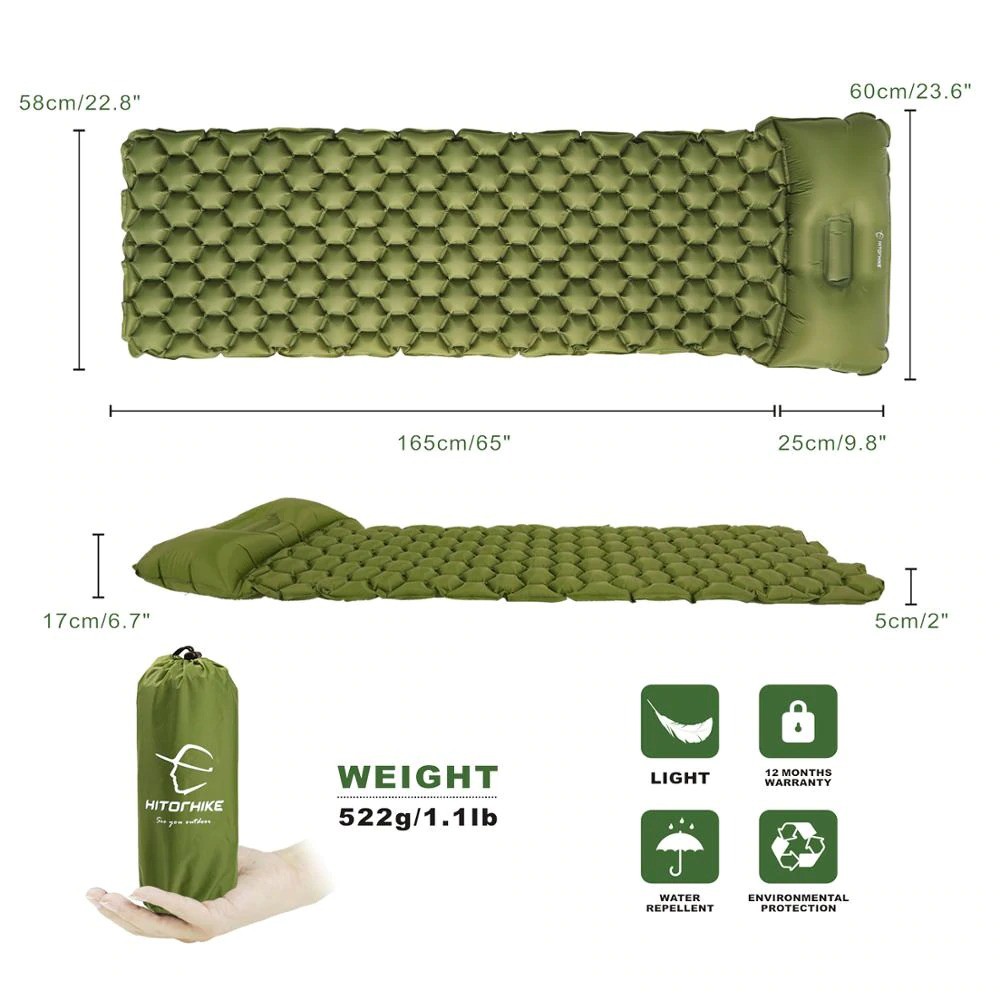 HITORHIKE Inflatable Sleeping Pad and Pillow Air Mattress Camping Mat - Kasur Angin Camping Outdoor