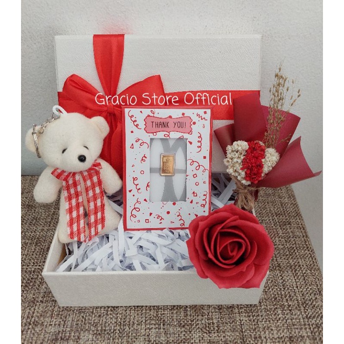 GIFT BOX SPESIAL THANK YOU NUANSA MERAH HAMPERS LOGAM MULIA ANTAM 1 GR