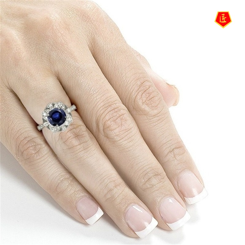 [Ready Stock]European and American Fashion Carat Diamond Ring Inlaid Sapphire Flower Ring