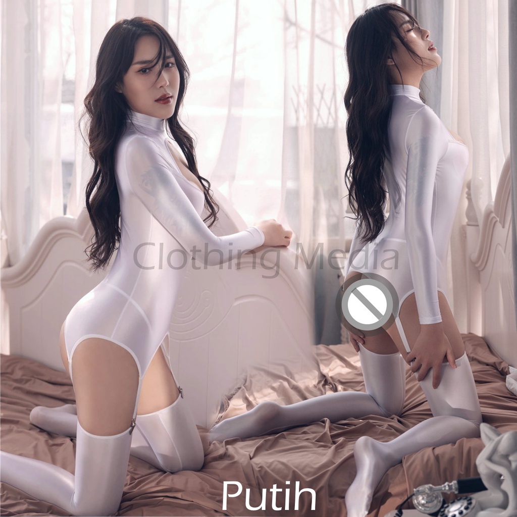 Bodysuit Silky Set Baju Dada Terbuka Stocking Garter Warna Halus Elastis