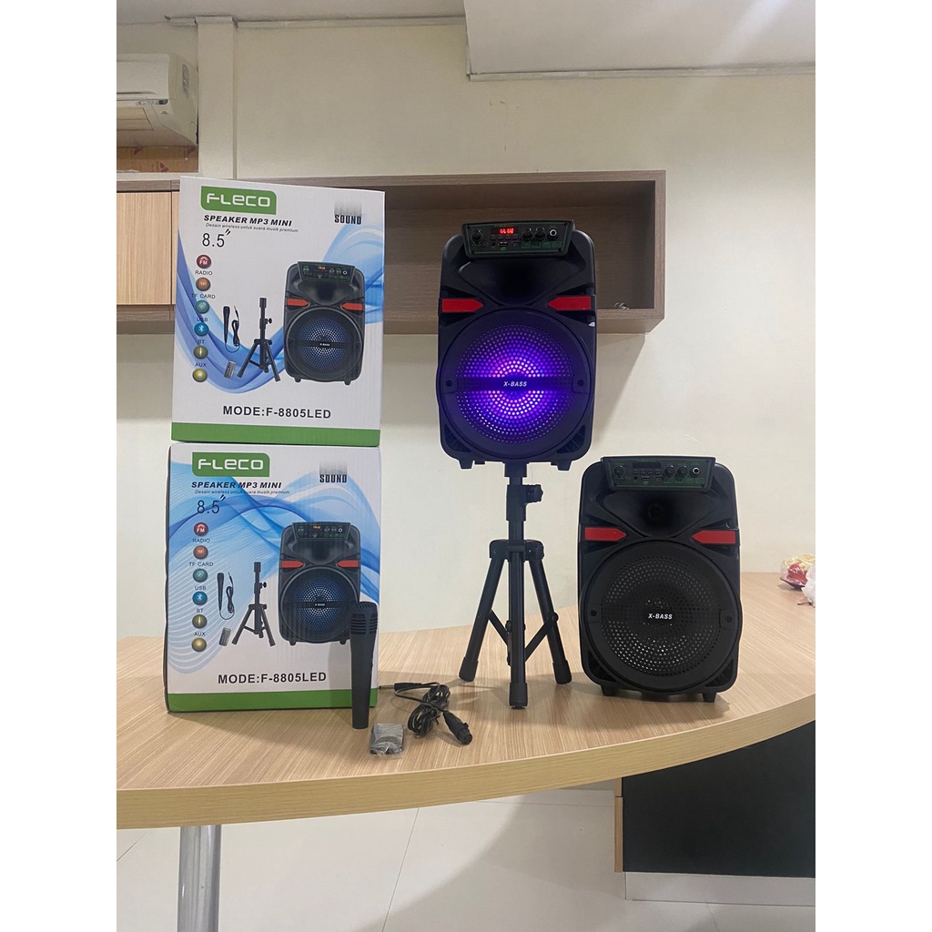 Fleco Original Speaker Karaoke + mic + Tripod Model Terbaru F-8805 led