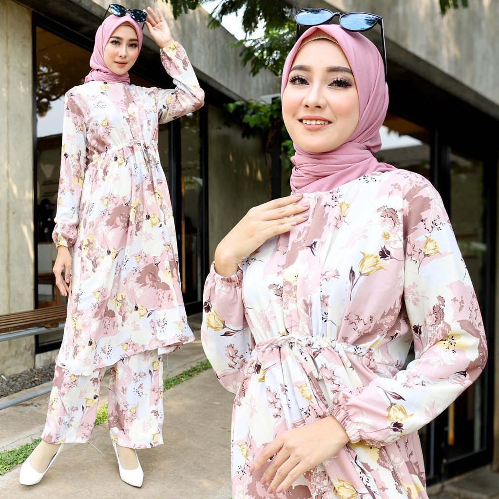 HOPYLOVY - Setelan Wanita One Set Muslim Bahan Wallpeach Madina