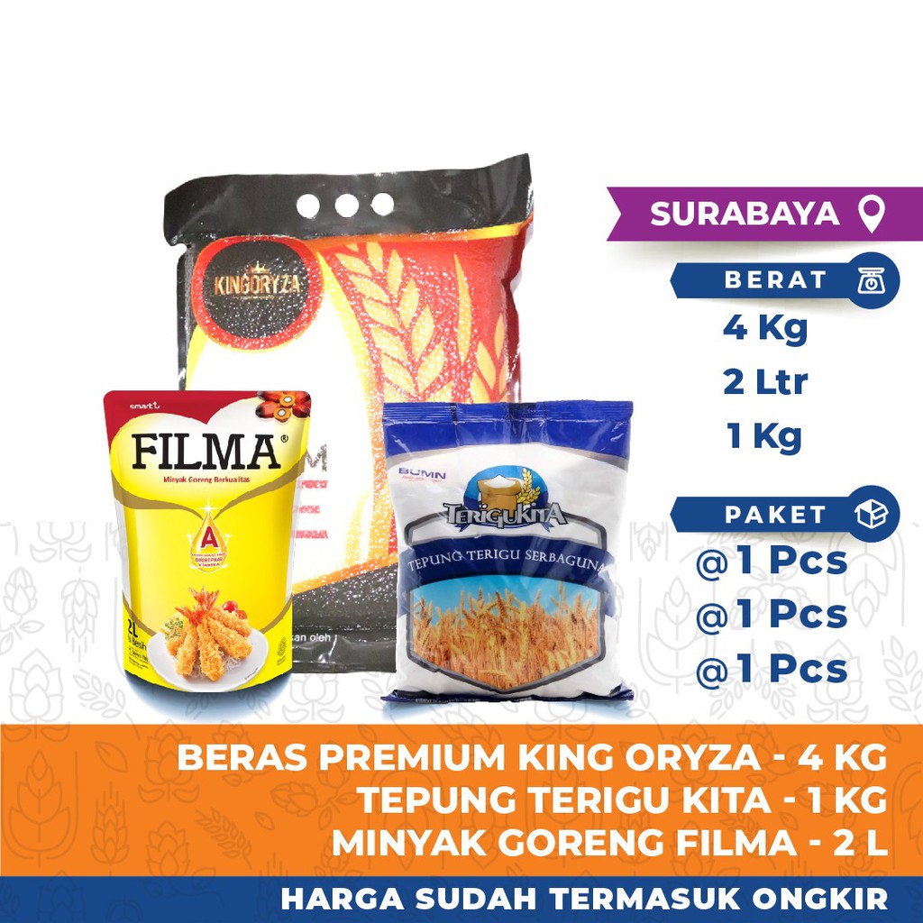 

Paket Sembako iPanganan C - Beras, Tepung Terigu, & Minyak Goreng (Harga + Ongkir) - SBY