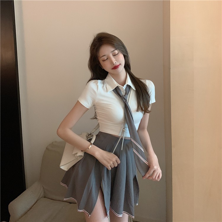 Oneset Baju Seragam Pelajar PREMIUM Kemeja Ketat Crop Wanita Lengan Pendek Terbaru 2021