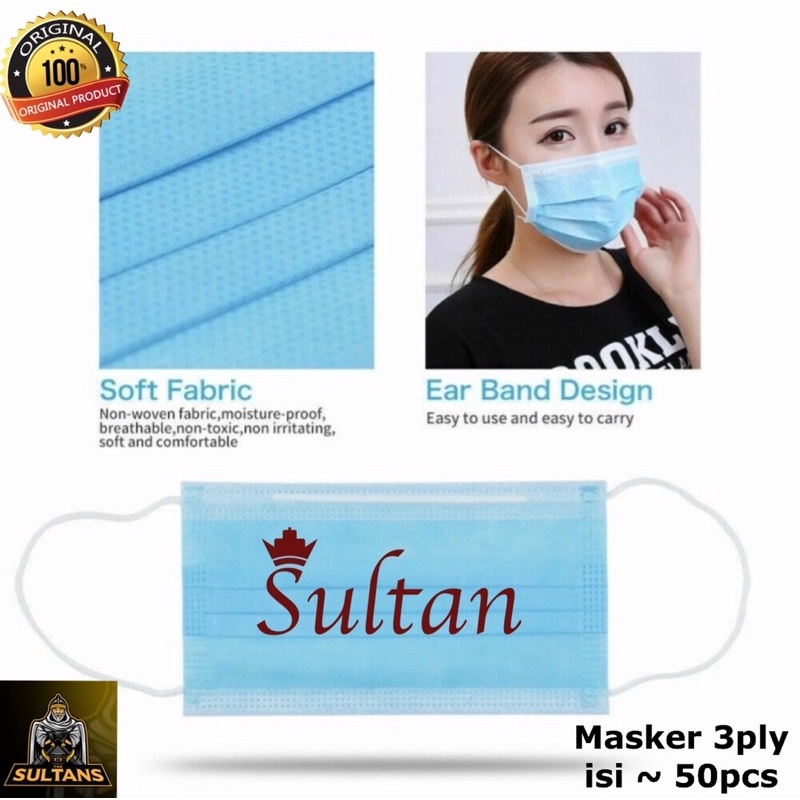 PROMO SULTAN MASKER 3PLY BIRU ORIGINAL ISI 50PCS NONBOX