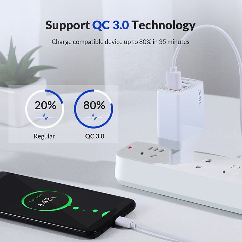 TOPK Charger USB 3 Port 3.0A Fast Charging QC3 EU Plug - A3301 - White