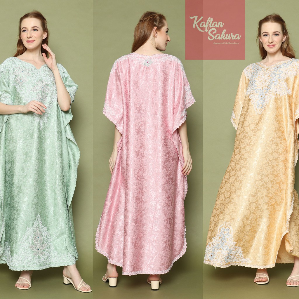 kaftan bordir payet sakura bahan jaguar dan satin outfit muslim pesta lebaran all size warna pastel