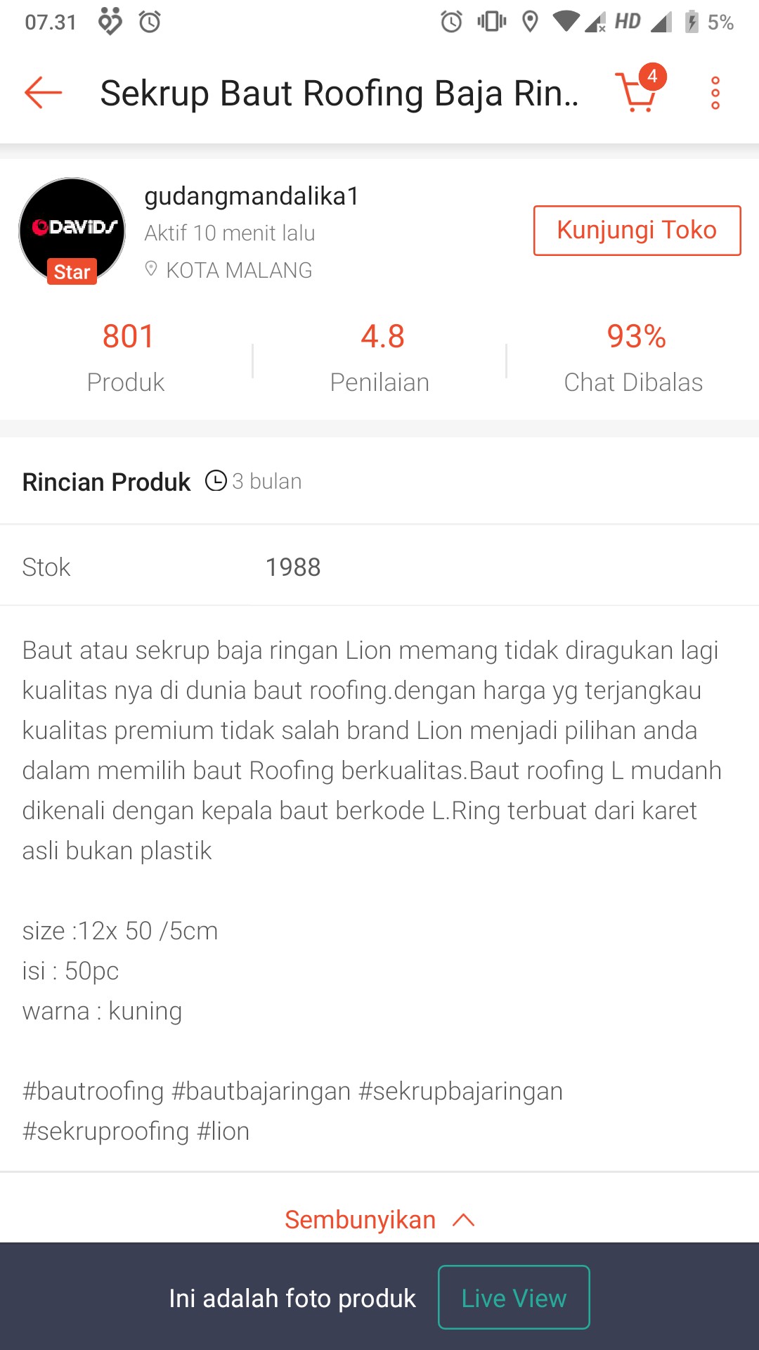 Sekrup Baut Roofing Baja Ringan Lion 5cm 12x50