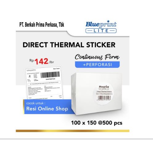 Direct Thermal Sticker barcode resi Label blueprint Lite 100x150 mm 1 line 500pcs fanfold CF continuous form perforasi Gap 3mm