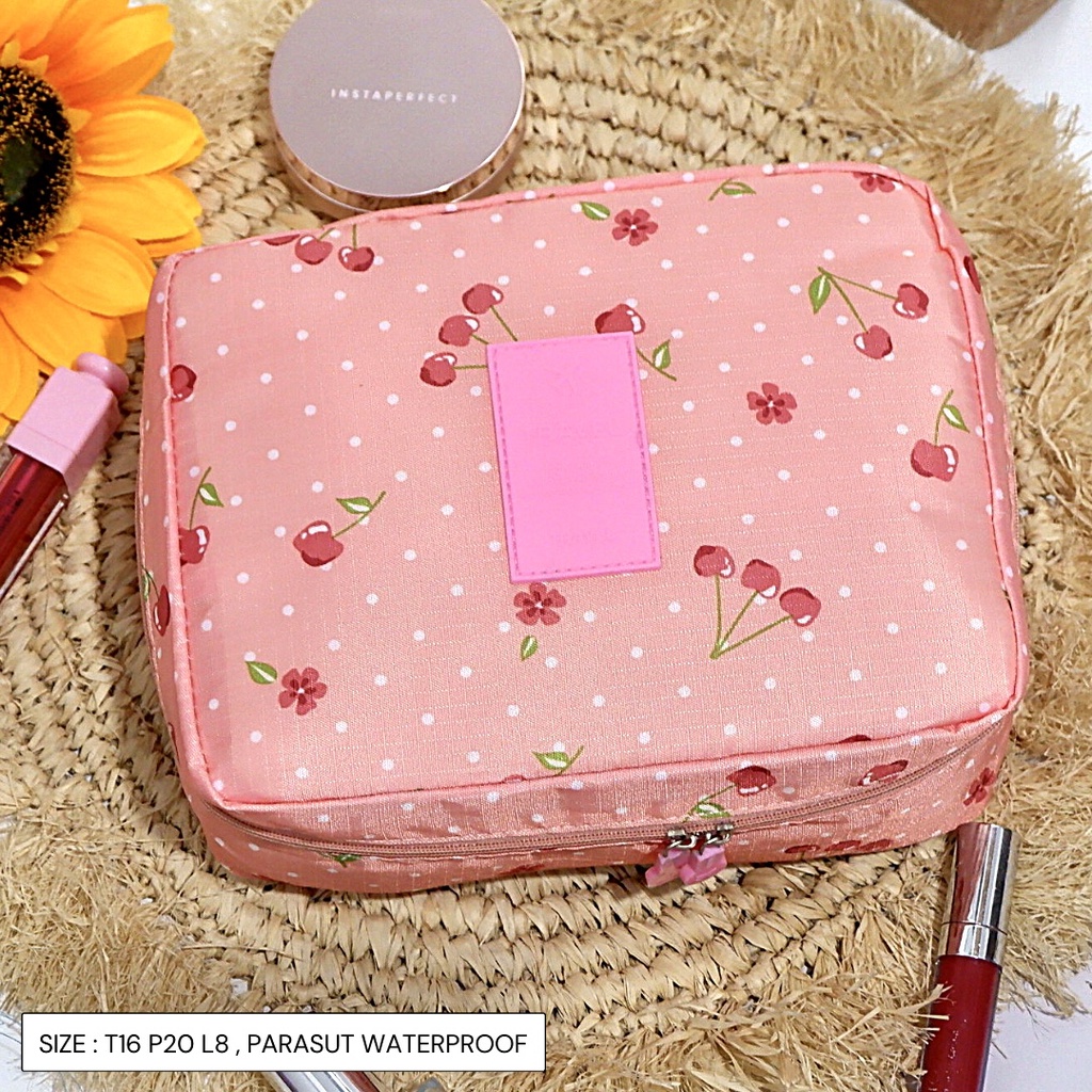 Tas Kosmetik Tempat Make Up Beauty Case Kotak Perhiasan Storage Box Organizer motif polkadot bunga