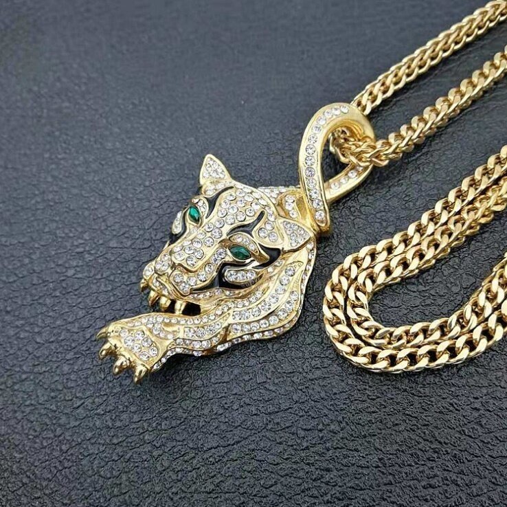 Kalung Liontin Motif Print Leopard Aksen Zircon Gaya Punk Hip-Hop Klasik Untuk Pria