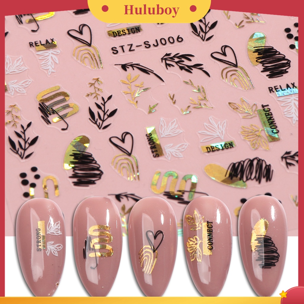 Huluboy Huluboy♡ 9 Pcs Stiker Kuku 3D Motif Print Garis Abstrak Leopard Warna Rose Gold Dengan Perekat