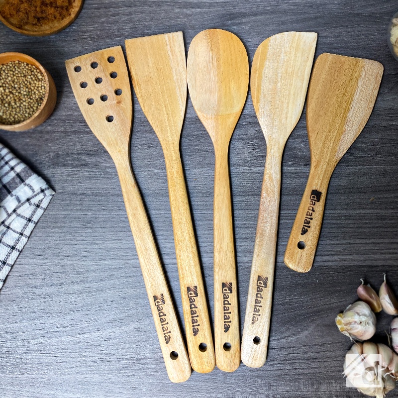 DADALALA Sodet Kayu Set (Isi 5) Bahan Kayu Mahoni Anti Lengket Panjang 35 Cm - Isi Spatula Kayu, Solet, Sendok Sayur, Centong Nasi