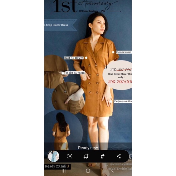 Claire By Cynthia Tan Set Atas Bawah Crop Top Set Crop Blazer Dress Coklat Claire Dadakan