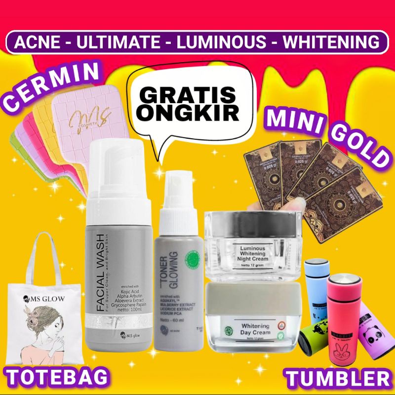 MS GLOW All Produk Paket Wajah Free Pouch Kosmetik/BB/Ecer Whitening Night Cream/Luminous/Malam Ulti