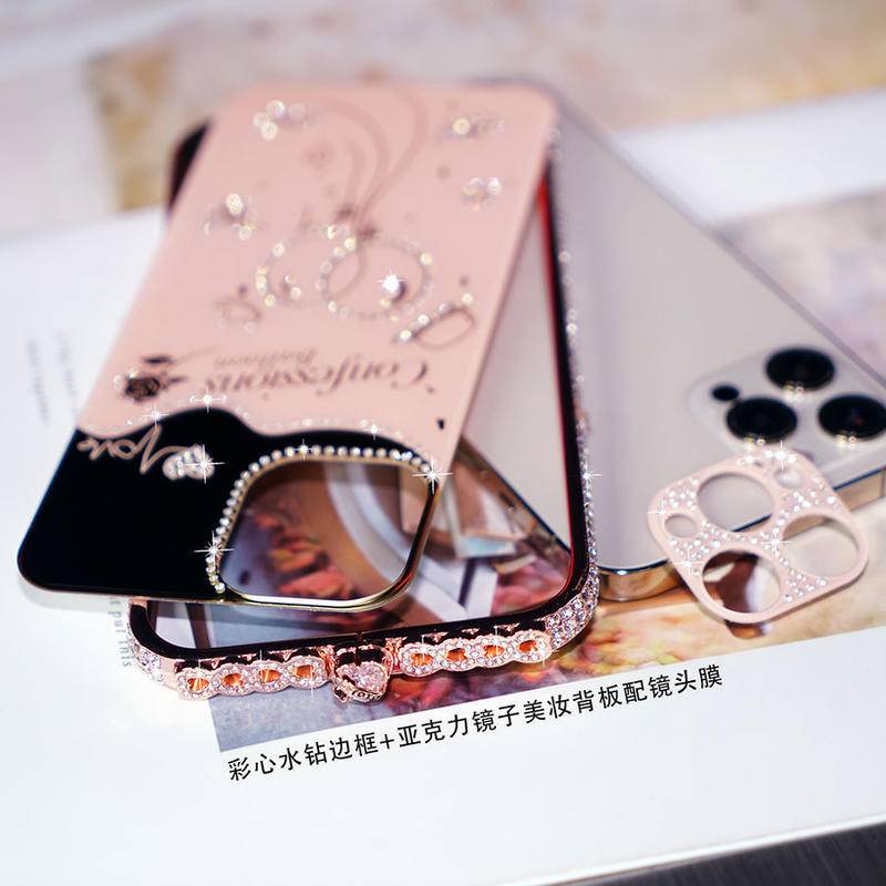 Case Wanita frame Metal Hias Berlian Imitasi anti Jatuh Untuk iPhone 13 / 12 / 11 Pro MAX / X / XS MAX / XR