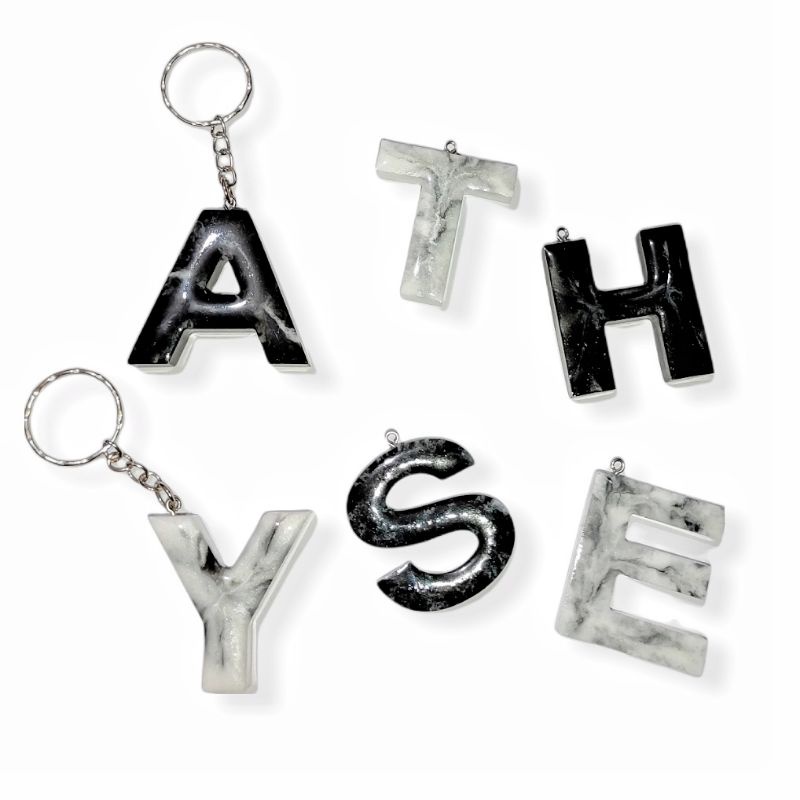 Gantungan Kunci Resin Custom Huruf Inisial Angka Alphabet Keychain Marble Marmer Series Initial Number Nomor Customize 3D Handmade