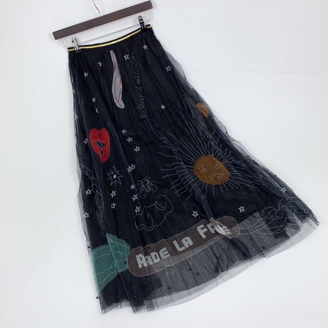 Rok Tutu Panjang Motif / Tutu Maxi Skirt Graffiti Printing Import 3 Layers - KLV Store-Black