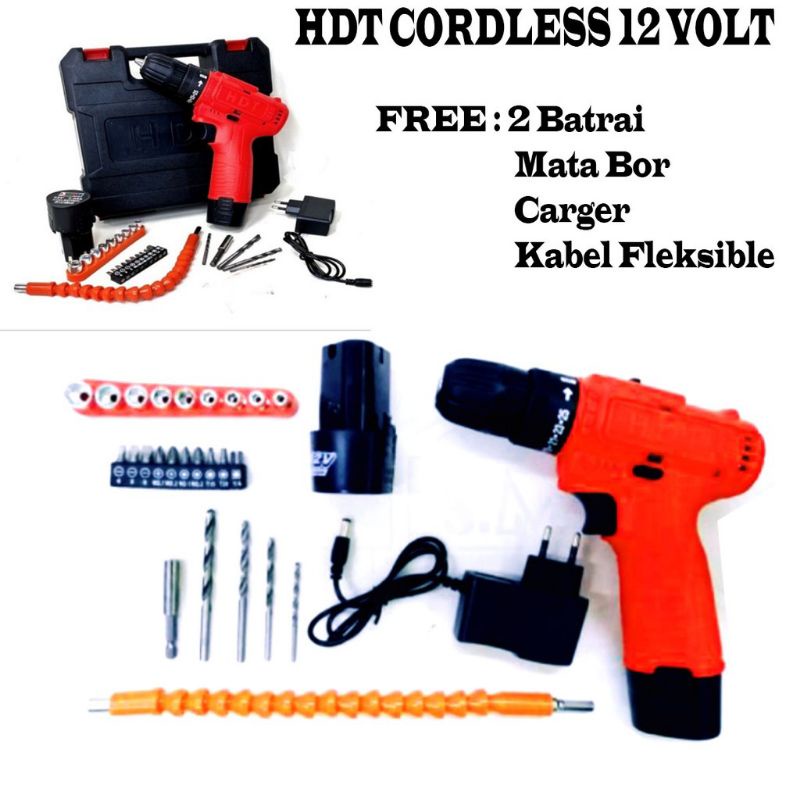 Bor Baterai Cordless HDT 12v lengkap 2 baterai set