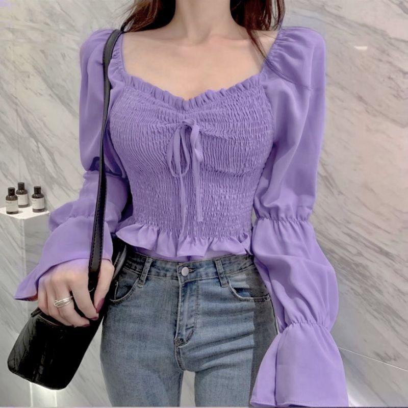 TOP LETICIA Atasan wanita blouse smock smoke smocked keliling ungu lilac hits Korean style fashion
