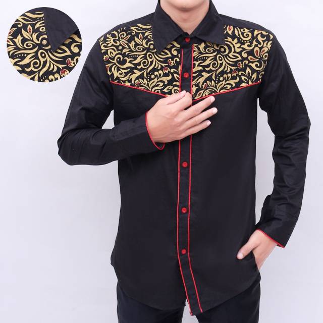 TOTOTAsshop.Kemeja pria KAIROS slimfit bahan katun stretch kombinasi batik kilap premium