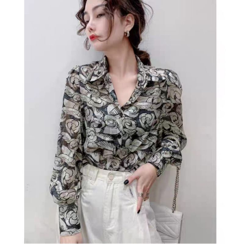 MDLV ~ 8495# Anamarie Printed Shirt Kemeja Korea Kemeja Import Fashion Import